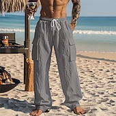 preiswerte Urlaub-Herren Leinenhosen Hose Sommerhose Strandhose Kordelzug Tasche Elastischer Bund Einfach Komfort Atmungsaktiv Urlaub Täglich Ferien Hawaiianisch Boho Schwarz Weiß Mikroelastisch
