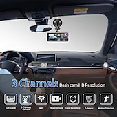 رخيصةأون مشغلات DVR للسيارات-مسجل سيارة ثلاثي القنوات FHD 1080P، مسجل سيارة، تطبيق واي فاي للتحكم، مسجل سيارة مع كاميرا خلفية، رؤية ليلية فائقة، صندوق أسود، تسجيل حلقي، مستشعر G، كشف الحركة، شاشة وقوف السيارات