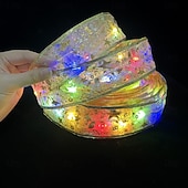 お買い得  木のアクセサリー-クリスマスリボンフェアリーライト 16/33フィート 100個のLEDストリングライト 電池式 2インチゴールドホイルリボン 温白色のきらめきホタルライト付き 室内用 星空 ホリデーデコレーション クリスマスツリー用