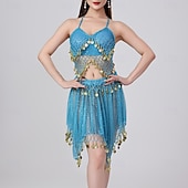 abordables Tenues de danse du ventre-Danse du Ventre Jupes Jeton en cuivre Couleur unie Épissage Femmes Performance Entraînement Sans manches Haut Polyester