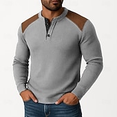 preiswerte Lässiges Henley-T-Shirt-Herren Waffel-Henley-Hemd T-Shirt Langarm Henley Herbst Frühling &amp; Herbst Farbblock Mode Designer Basic Patchwork Urlaub Straße Lässig Schwarz Weiß Burgunderrot Top T-Shirt für Herren