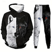 billige Herre 3D Sweatshirt Sett-Herre Dyr Ulv 2stk 3D-genseresett Joggedress Hettegenser Langermet Lange bukser Med hette Fritid hverdag treningsklær 3D-utskrift Vår Høst Vinter Svart Blå