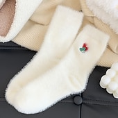 abordables calcetines caseros-Calcetines navideños de invierno para mujer, calcetines gruesos y cálidos con muñeco de nieve. &amp;Calcetines navideños de felpa de visón blanco acogedores con diseño de Papá Noel y bonitos calcetines
