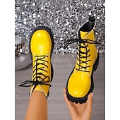 abordables Bottes de combat-Bottines de combat jaunes à lacets pour femmes – Bottines à plateforme épaisses et audacieuses avec fermeture éclair latérale, style streetwear punk pour l&#039;automne et l&#039;hiver