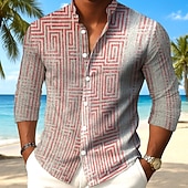 preiswerte Geometrische Muster-Herren Ethnisch Griechischer Schlüssel Bundmuster Hemd Knopfhemd Stehkragenhemd Langarm Vintage-Retro Täglich Outdoor Urlaub Frühling Herbst Mandarinkragen Stehkragen 3D-Druck Leinenähnliches Hemd