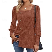 abordables Hauts Texturés-Femmes Chemisier texturé T-shirt Uni Mode Moderne manche longue Col carré Hauts Réguliers Quotidien Sortir Boutons Bordeaux Noir Rouge Marron clair Bleu Printemps Automne