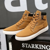 cheap Men&#039;s Sneakers-Men&#039;s Tan Faux Leather High-Top Sneakers with Lace-Up Design, Stylish Casual Shoes for Walking, Work and Weekend Outfits