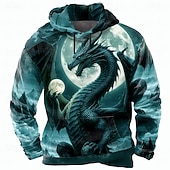 baratos Estampa animal-Homens Dragão 3D Moletom Legal Festa Gola Redonda Bandagem Streetwear Roxo Verde Com Cordão Outono Inverno Designer