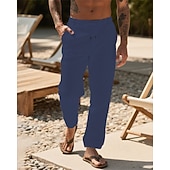 billiga Semester-Herr Linne Byxor Långbyxor Sommarbyxor Strandbyxor Snörning Ficka Elastisk midja Slät Komfort Andningsfunktion Semester Dagligen Helgdag Hawaiisk Boho 다크 카키 Svart