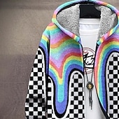 billiga fleecejacka för män-Herr Pläd / Rutig Vinterkappa Fleece-jacka Kappa Håller värmen Bekväm Ledigt Dagliga kläder Dragkedja Ficka 3D-utskrift Höst Vinter Huva Långärmad Regnbåge