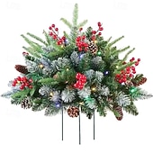 abordables Coronas, Guirnaldas &amp; Adornos-Urna de árbol de Navidad artificial preiluminada, decoración navideña para exteriores con plantas artificiales adornadas con adornos variados y luces LED blancas preinstaladas, decoración navideña con