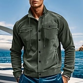 baratos Casacos &amp; Sobretudos para Homem-Homens jaqueta leve Jaqueta de Veludo Jaqueta Carga Jaqueta casual Férias Diário Respirável Bolsos Primavera Outono Tecido Moda Clássico Colarinho Chinês Padrão Adamascado Preto Verde Escuro Marron