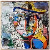 baratos Pinturas Abstratas-pintura a óleo feita à mão, retrato abstrato, arte, bloqueio de cores em negrito, arte expressionista moderna, paleta vibrante, contraste, azul, amarelo, vermelho, pinceladas expressivas, tela