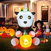 olcso Halloween szabadtéren-1 db 1,5 m-es halloweeni felfújható légmodell ülő csontváz unikornis led világító felfújható fólia udvari dekorációs dísz