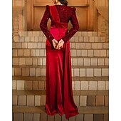 economico ROSSO-abito da sera a sirena/tromba in velluto elasticizzato con paillettes, elegante, lungo fino al pavimento, manica lunga, scollo rotondo, raso elasticizzato con pieghe 2025