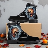 baratos Sapatos para Homens-Botas de combate masculinas com estampa de caveira flamejante – botas de cano curto estilo gótico de Halloween para festas, cosplay e uso ao ar livre