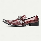 abordables Mocassins en cuir de qualité supérieure-Mocassins en cuir à motif crocodile bordeaux pour hommes avec boucle en métal et détail de pierres précieuses, chaussures habillées de luxe pour mariages, fêtes et occasions formelles