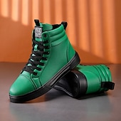 cheap Men&#039;s Sneakers-Men&#039;s Green Faux Leather High-Top Sneakers with Black Sole, Fashion Lace-Up Casual Shoes for Streetwear, Parties and Daily Wear