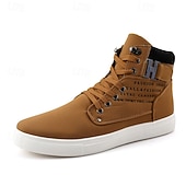 cheap Men&#039;s Sneakers-Men&#039;s Tan Faux Leather High-Top Sneakers with Lace-Up Design, Stylish Casual Shoes for Walking, Work and Weekend Outfits