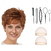 baratos peruca mais velha-Estilo curto e leve com camadas curtas e chiques  Tons multiculturais de loiro prata castanho e vermelho com 2PCS touca de peruca HD e conjunto de ferramentas de cabeleireiro
