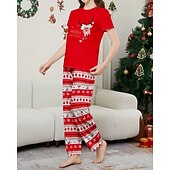 cheap Matching Outfits-Family Pajamas Christmas Pattern Home Print Red Short Sleeve Active Matching Outfits