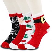 abordables calcetines caseros-Calcetines navideños para mujer, calcetines gruesos de lana coral, calcetines de felpa que no sueltan pelo con reno &amp;Diseño de Papá Noel, calcetines navideños cálidos y acogedores