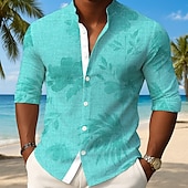 cheap Tropical Plants-Men&#039;s Plants Tropical Leaf Shirt Button Up Shirt Stand Collar Shirt Long Sleeve Hawaiian Outdoor Vacation Daily Spring Fall Mandarin Collar Band Collar 3D Print Linen Like Shirt Light Blue Blue