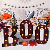 billige Dekorative lys-Halloween-dekorasjoner innendørs - 3 LED-telt med lysende bokstaver, svart boo-skilt, halloween-bokstavlys til hjemmet, innendørs kjøkken, peis, festbord, dekorutstyr