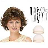 cheap Older Wigs-Mid Length Color Me Beautiful WhisperLite Wig Beautiful Mid-Length Layered Waves with Elegant Wispy Bangs  With 2PCS HD Wig Cap and Hairdressing Tool Set