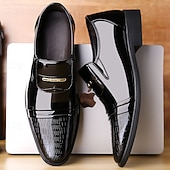 billiga Slip-ons och loafers till herrar-Glansiga svarta lackloafers för män med spänne – eleganta finskor för formella evenemang och bröllop