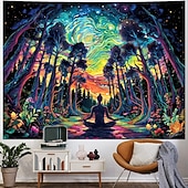 preiswerte Blacklight -Wandteppiche-Schwarzlicht-Wandteppich mit psychedelischem Wald und Meditation, UV-reaktiv, kosmische Galaxie, Sternenhimmel, Wandkunst, Wandteppich, trippiges Yoga, spirituelles Chakra, Wandbehang, Wandteppiche