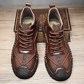 preiswerte Stiefeletten-Braune High-Top-Freizeitsneaker aus Leder für Herren mit Ziernähten und strapazierfähiger Gummisohle – modische Komfortschuhe für Outdoor und Stadt