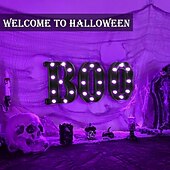 billige Dekorative lys-Halloween-dekorasjoner innendørs - 3 LED-telt med lysende bokstaver, svart boo-skilt, halloween-bokstavlys til hjemmet, innendørs kjøkken, peis, festbord, dekorutstyr