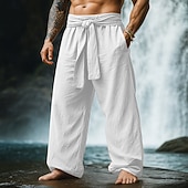 baratos Retrô-Homens Calças de linho Calças Calça verão Com Cordão Cintura elástica Perna larga Tecido Conforto Respirável Comprimento total Casual Diário Feriado Férias Moda Abóbora Branco Sem Elasticidade