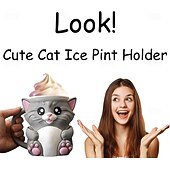 זול ספלים וכוסות-מחזיק קרח של Cuddles the Cat עם 2 כפיות, מעמד לחצי גלידה, מכיל 473 מ&quot;ל/16 אונקיות של גלידה, מיכלי גלידה רב פעמיים, מחזיקי ארטיקים, מתנות אידיאליות לאוהבי חתולים