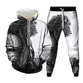 cheap Men's 3D Sweatshirt Sets-Men's Lion 2pcs 3D Sweatshirt Sets Tracksuit Hoodie Sweatshirt Long Sleeve Long pants Hooded Casual Daily Athleisure 3D Print Spring Fall Winter White