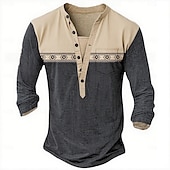cheap Ethnic Style-Men&#039;s Geometric Ethnic Henley Shirt Tee Long Sleeve Ethnic Casual Summer Spring Fall Lake blue Dark Gray Black Green Light Blue Henley Henley T-Shirt