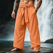 baratos Retrô-Homens Calças de linho Calças Calça verão Com Cordão Cintura elástica Perna larga Tecido Conforto Respirável Comprimento total Casual Diário Feriado Férias Moda Abóbora Branco Sem Elasticidade
