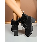 baratos Botas de neve e inverno-Botas femininas pretas de cano curto com cadarço e forro de pele – botas de inverno com salto grosso e sola de borracha para clima frio, uso casual e ao ar livre