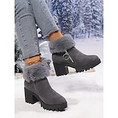 abordables Bottes de neige et d&#039;hiver-Bottines en daim gris pour femme, doublées de fourrure, chaudes, à talon épais et semelle crantée, avec fermeture éclair latérale pour l&#039;hiver