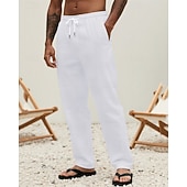 billiga Semester-Herr Linne Byxor Långbyxor Sommarbyxor Strandbyxor Snörning Ficka Elastisk midja Slät Komfort Andningsfunktion Semester Dagligen Helgdag Hawaiisk Boho 다크 카키 Svart