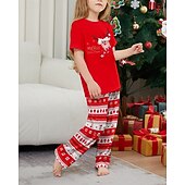 cheap Matching Outfits-Family Pajamas Christmas Pattern Home Print Red Short Sleeve Active Matching Outfits