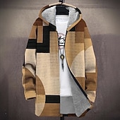 billiga fleecejacka för män-Herr Geometrisk Vinterkappa Fleece-jacka Kappa Håller värmen Bekväm Ledigt Dagliga kläder Dragkedja Ficka 3D-utskrift Höst Vinter Huva Långärmad Vit Rubinrött Brun