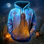 お買い得  ハロウィンフーディーとスウェットシャツ-Halloween 男性用 グラフィック 死神 3D 刈取 スウェットシャツ パンク 誇張された 長袖 クルーネック クラブ ストリートウェア ブルー ドローストリング 3D 秋 冬 デザイナー