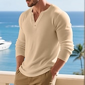 abordables t-shirts de base-Homme T-shirt Chemise Henley Chemise à Manches Longues manche longue Henley Printemps Automne Uni Mode Designer Basique Boutons Vacances Rue Sortir Noir Blanche Kaki T-shirt haut de gamme pour homme