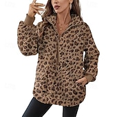 cheap Graphic shop Sweatshirts &amp; Hoodies-Women&#039;s Trench Coat Warm Comfortable Zipper Pocket Fashion Outdoor Leopard Going out Weekend Zipper Regular Lapel Regular Fit Long Sleeve Outerwear Yellow Apricot Coffee Fall Winter