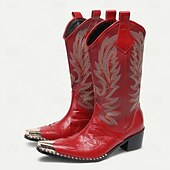 levne Prémiové kožené boty-Pánské kovbojské boty z červené kůže – vysoké vyšívané boty ve westernovém stylu na rodeo, jízdu na koni a country festivaly