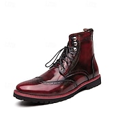 cheap Combat Boots-Men&#039;s Burgundy Faux Leather Combat Boots with Brogue Detailing – Durable Lace-Up Style for Casual Wear, Outdoor Walking, and Fashion Outfits