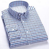 billiga Button Down-skjortor för män-Herr Skjorta Skjorta med krage Knapp upp skjorta Rutig Bröllop Utomhus Vin Marinblå + vit Vit Gul Långärmad Nedvikt Vår Höst Kläder