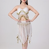 abordables Tenues de danse du ventre-Danse du Ventre Jupes Jeton en cuivre Couleur unie Épissage Femmes Performance Entraînement Sans manches Haut Polyester